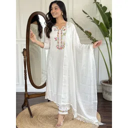 KALINI Floral Embroidered Notch Neck Cotton Blend Straight Kurta With Trousers And Dupatta-picture-10