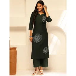 KALINI Floral Embroidered Notch Neck Cotton Silk Straight Kurta With Palazzos-picture-31