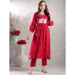 KALINI Floral Embroidered Notch Neck Thread Work Anarkali Kurta with Trousers-picture-12