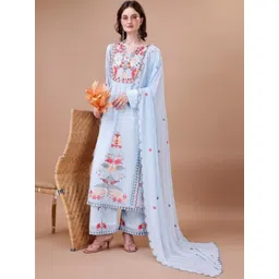 KALINI Floral Embroidered Notched Neck Thread Work Straight Kurta With Trousers & Dupatta-image-3