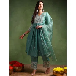 KALINI Floral Embroidered Pleated Thread Work Kurta with Palazzos & Dupatta-picture-25