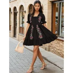 KALINI Floral Embroidered Puff Sleeve Fit & Flare Dress-picture-37