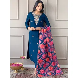 KALINI Floral Embroidered Regular Thread Work Straight Kurta With Trousers & Dupatta-picture-28