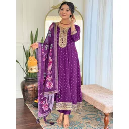 KALINI Floral Embroidered Round Neck Anarkali Thread Work Kurta With Trousers & Dupatta-image-40