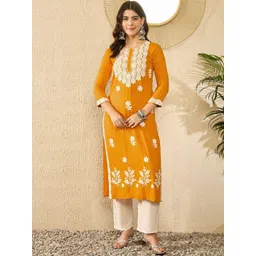 KALINI Floral Embroidered Round Neck Thread Work Straight Kurta-picture-21