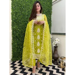 KALINI Floral Embroidered Round Neck Thread Work Straight Kurta With Trousers & Dupatta-picture-30