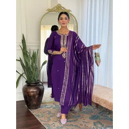 KALINI Floral Embroidered Straight Chanderi Silk Kurta With Trousers And Dupatta-picture-31