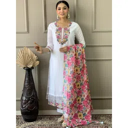 KALINI Floral Embroidered Thread Work Chanderi Cotton Kurta With Trousers & Dupatta-picture-38