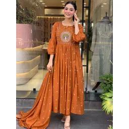 KALINI Floral Embroidered Thread Work Pure Cotton Anarkali Kurta With Trousers & Dupatta-picture-28