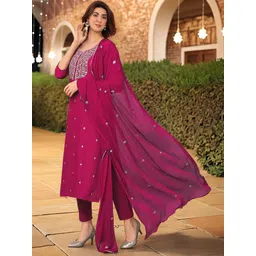 KALINI Floral Embroidered Thread Work Round Neck Straight Kurta With Trousers & Dupatta-picture-19