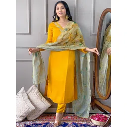 KALINI Floral Embroidered Thread Work Straight Kurta with Trousers & Dupatta-picture-27