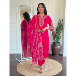 KALINI Floral Embroidered V-Neck Straight Kurta With Trousers & Dupatta-picture-35