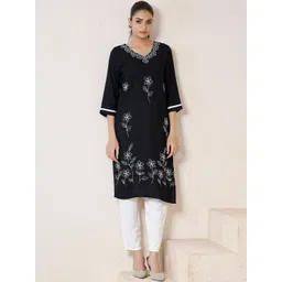 KALINI Floral Embroidered V-Neck Thread Work Handloom Thread Work Kurti-picture-34