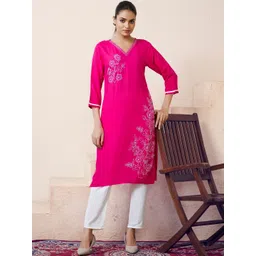 KALINI Floral Embroidered V-Neck Thread Work Thread Work Kurti-picture-33