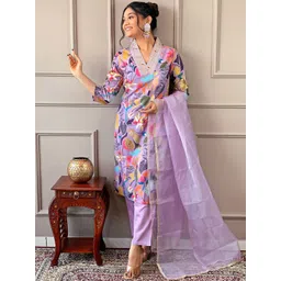 KALINI Floral Embroidered V-Neck Three-Quarter Sleeves Thread Work Kurta Set-picture-28