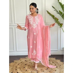 KALINI Floral Embroidered Yoke Design A-Line Pure Cotton Kurta With Trouser And Dupatta-image-7