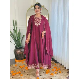 KALINI Floral Embroidered Yoke Design Round Neck A-Line Kurta With Trouser And Dupatta-image-8