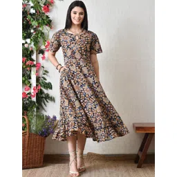 KALINI Floral Print Keyhole Neck Ruffled Fit & Flare Midi Dress-image-5