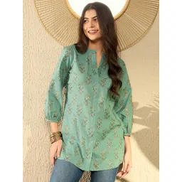 KALINI Floral Print Mandarin Collar Cotton Shirt Style Top-image-29