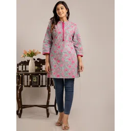 KALINI Floral Print Mandarin Collar Cotton Top-picture-31