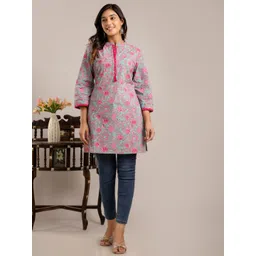 KALINI Floral Print Mandarin Collar Cotton Top-image-41