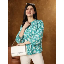 KALINI Floral Print Mandarin Collar Puff Sleeve Cotton Shirt Style Top-picture-39