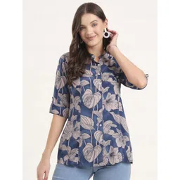 KALINI Floral Print Mandarin Collar Roll-Up Sleeves Ethnic Shirt Style Top-image-30