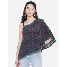 KALINI Floral Print One Shoulder Extended Sleeves Crepe Top-picture-41