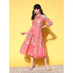 KALINI Floral Print Pure Cotton  A-Line Midi Dress-image-42