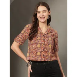 KALINI Floral Print Roll-Up Sleeves Cotton Shirt Style Crop Top-picture-16