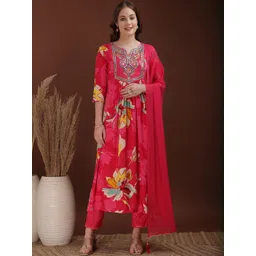 KALINI Floral Printed A-Line Mirror Work Kurta With Trouser & Dupatta-picture-25