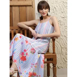 KALINI Floral Printed & Striped Shoulder Straps Flared Maxi Dress-picture-37