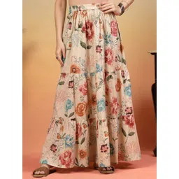 KALINI Floral Printed Cotton Maxi Flared Skirt-picture-30
