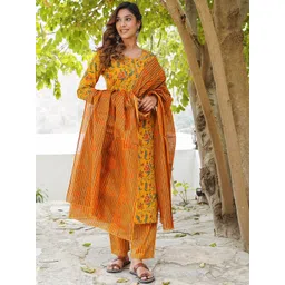 KALINI Floral Printed Gotta Patti Pure Cotton Kurta with Trousers & Dupatta-picture-18