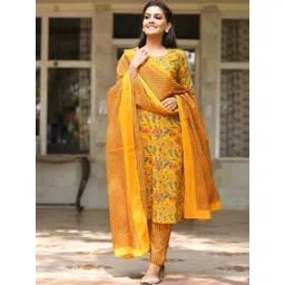 KALINI Floral Printed Gotta Patti Regular Pure Cotton Kurta With Trousers & Dupatta-picture-37