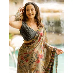 KALINI Floral Printed Ikat Saree With Blouse Piece-picture-21
