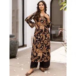 KALINI Floral Printed Long Sleeves Straight Kurta With Trousers image 1
