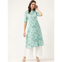 KALINI Floral Printed Mandarin Collar Cotton A-Line Kurta-image-49