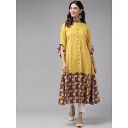 KALINI Floral Printed Mandarin Collar Flared Sleeves Thread Work Cotton Kurta-picture-10
