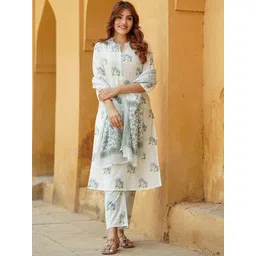 KALINI Floral Printed Mandarin Collar Pure Cotton Straight Kurta With Trousers & Dupatta-picture-28