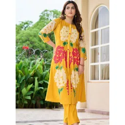 KALINI Floral Printed Pleated Round Neck A-Line Kurta With Trousers-picture-11