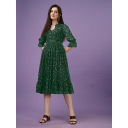 KALINI Floral Printed Puff Sleeves Mandarin Collar Ruffled Fit & Flare Midi Dress-picture-14