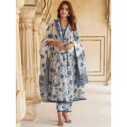 KALINI Floral Printed Pure Cotton Anarkali Kurta With Trousers & Dupatta-picture-15