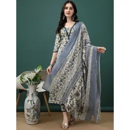 KALINI Floral Printed Pure Cotton Anarkali Kurta With Trousers & Dupatta-picture-12