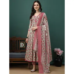 KALINI Floral Printed Pure Cotton Anarkali Kurta With Trousers & Dupatta-picture-33