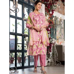 KALINI Floral Printed Regular Mirror Work Pure Cotton Kurta ,Trousers &  Dupatta-picture-12