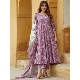 KALINI Floral Printed Regular Pure Cotton Anarkali Kurta with Trousers & Dupatta-picture-26