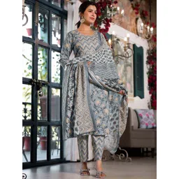 KALINI Floral Printed Regular  Pure Cotton Kurta ,Trousers &  Dupatta-picture-16