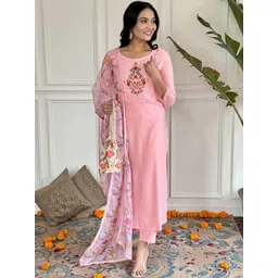 KALINI Floral Printed Regular Sequinned Straight Kurta with Trousers & Dupatta-picture-22