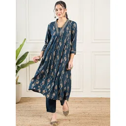 KALINI Floral Printed Regular Thread Work A-Line Kurta With Trousers-picture-22